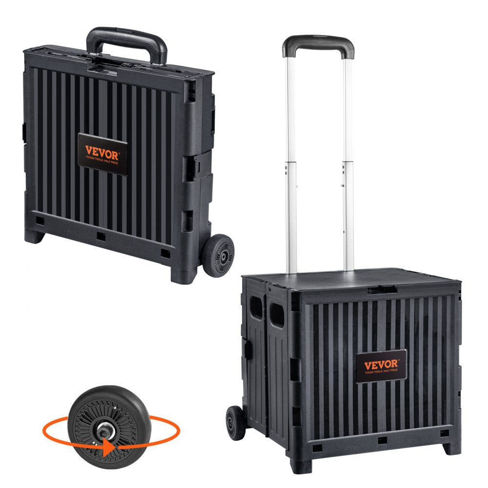 VEVOR Foldable Utility Cart, 80 lbs Load Capacity, Folding Portable Rolling Crate Handcart with Durable Heavy Duty Telescoping Handle and 2 Wheels for Travel Shopping Moving Luggage Office Use, Black