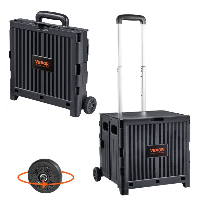 VEVOR Foldable Utility Cart, 80 lbs Load Capacity, Folding Portable Rolling Crate Handcart with Durable Heavy Duty Telescoping Handle and 2 Wheels for Travel Shopping Moving Luggage Office Use, Black