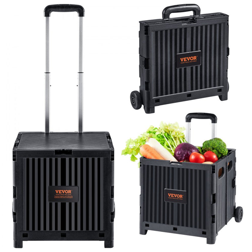 VEVOR Foldable Utility Cart, 80 lbs Load Capacity, Folding Portable Rolling Crate Handcart with Durable Heavy Duty Telescoping Handle and 2 Wheels for Travel Shopping Moving Luggage Office Use, Black