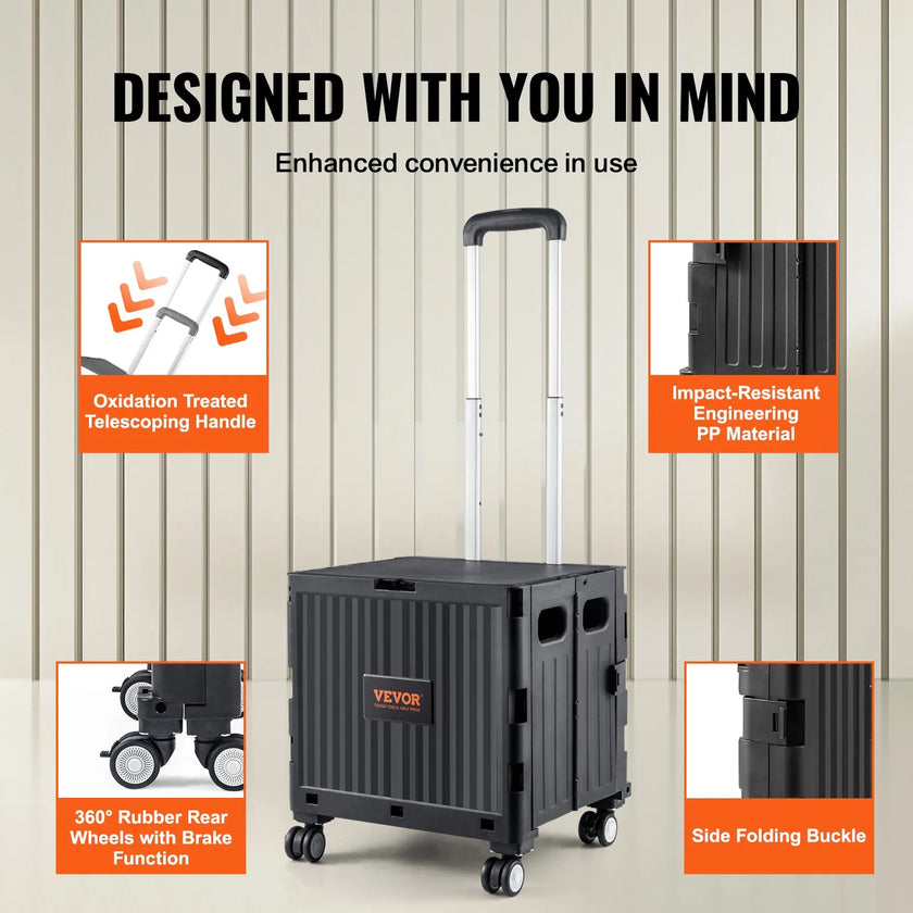VEVOR Foldable Utility Cart, 110 lbs Load Capacity, Folding Portable Rolling Crate Handcart with Heavy Duty Telescoping Handle and 4 Rotate Wheels for Travel Shopping Moving Luggage Office Use, Black