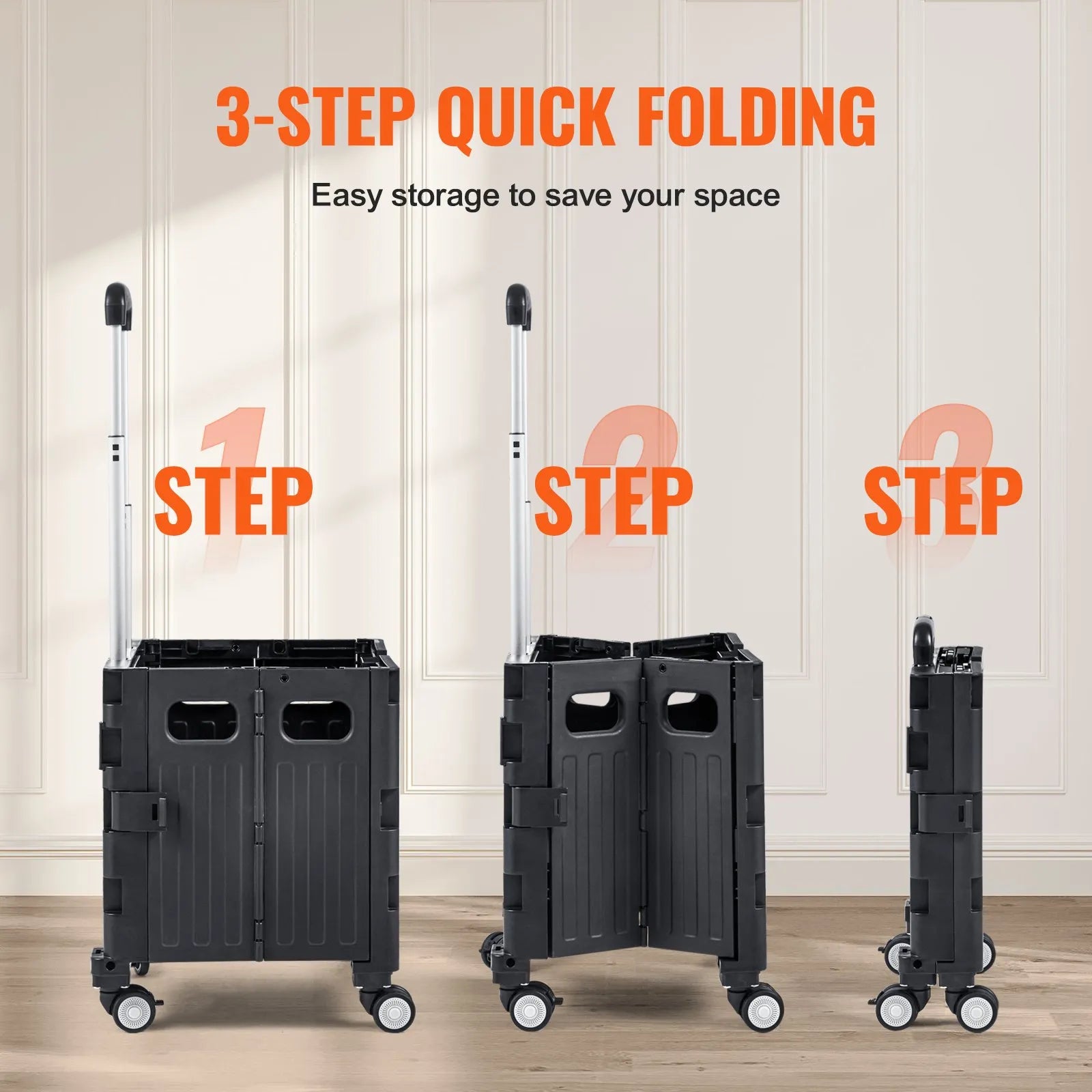 VEVOR Foldable Utility Cart, 110 lbs Load Capacity, Folding Portable Rolling Crate Handcart with Heavy Duty Telescoping Handle and 4 Rotate Wheels for Travel Shopping Moving Luggage Office Use, Black