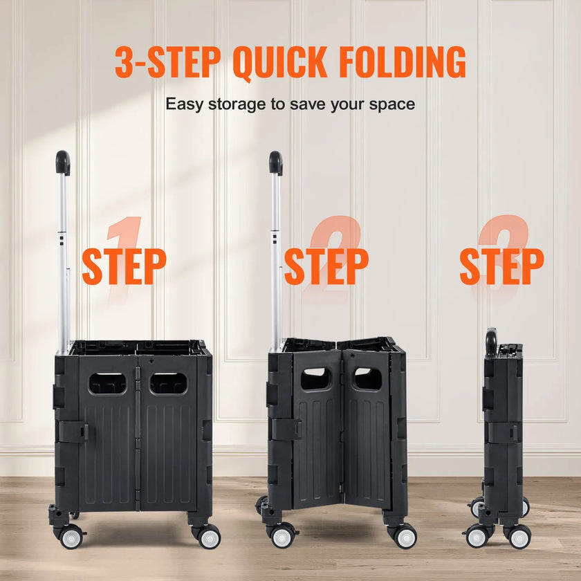 VEVOR Foldable Utility Cart, 110 lbs Load Capacity, Folding Portable Rolling Crate Handcart with Heavy Duty Telescoping Handle and 4 Rotate Wheels for Travel Shopping Moving Luggage Office Use, Black