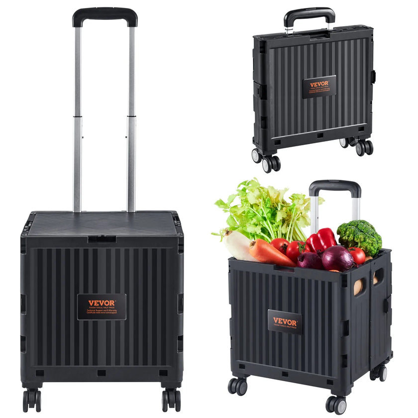 VEVOR Foldable Utility Cart, 110 lbs Load Capacity, Folding Portable Rolling Crate Handcart with Heavy Duty Telescoping Handle and 4 Rotate Wheels for Travel Shopping Moving Luggage Office Use, Black