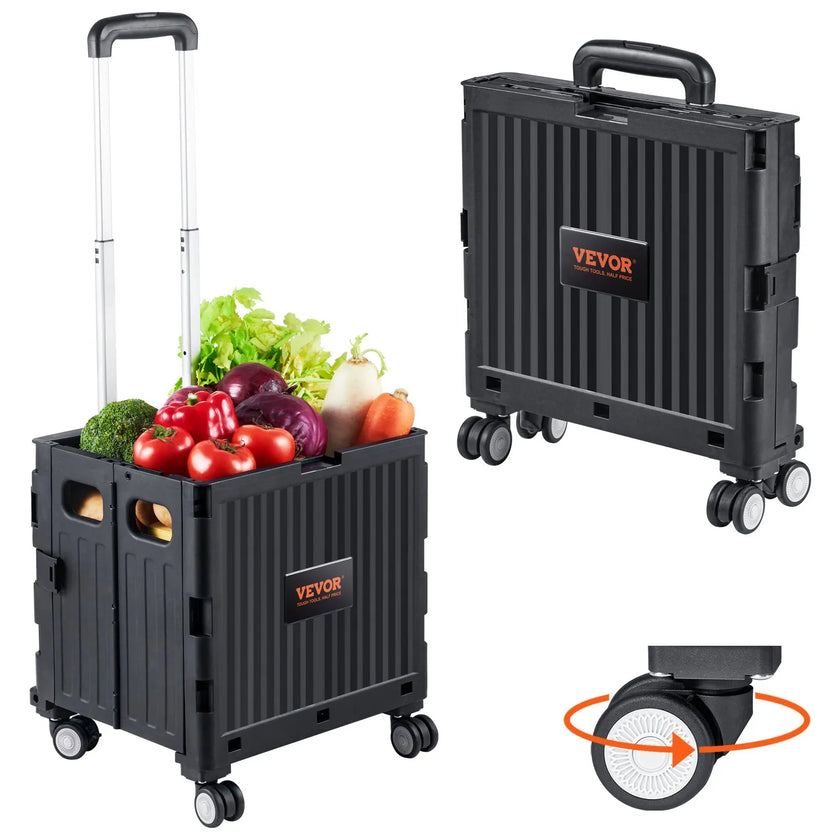 VEVOR Foldable Utility Cart, 110 lbs Load Capacity, Folding Portable Rolling Crate Handcart with Heavy Duty Telescoping Handle and 4 Rotate Wheels for Travel Shopping Moving Luggage Office Use, Black