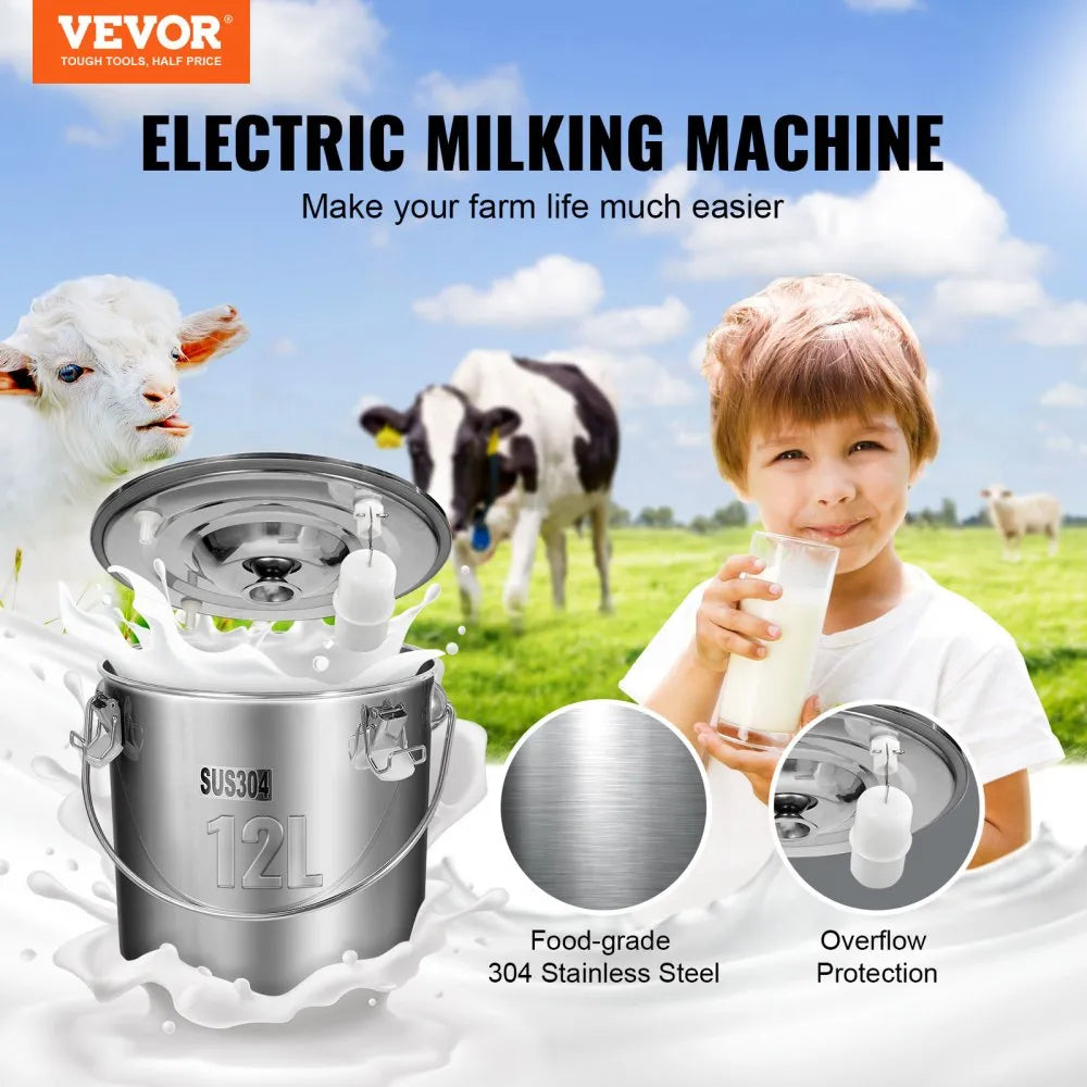 VEVOR Goat Milking Machine, 12 L 304 Stainless Steel Bucket, Electric Automatic Pulsation Vacuum Milker, Portable Milker with Food-grade Silicone Cups and Tubes, Adjustable Suction for Cows and Sheep