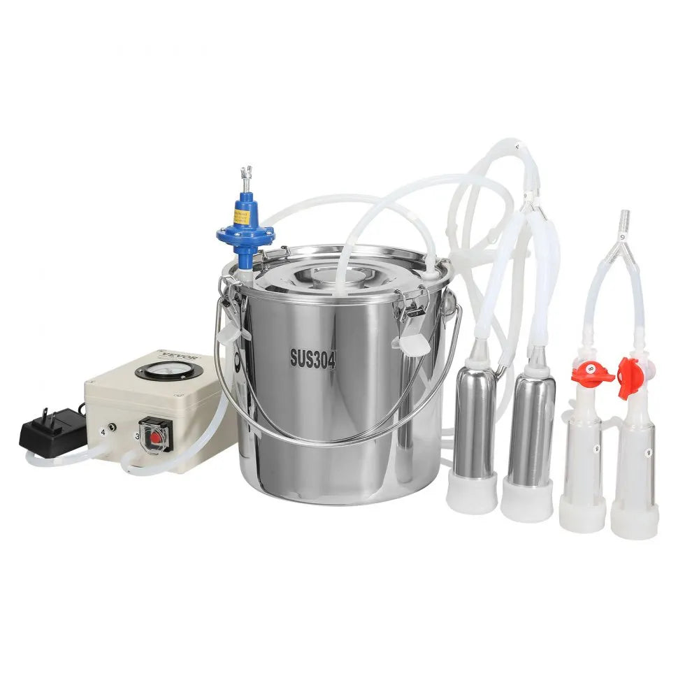 VEVOR Goat Milking Machine, 12 L 304 Stainless Steel Bucket, Electric Automatic Pulsation Vacuum Milker, Portable Milker with Food-grade Silicone Cups and Tubes, Adjustable Suction for Cows and Sheep