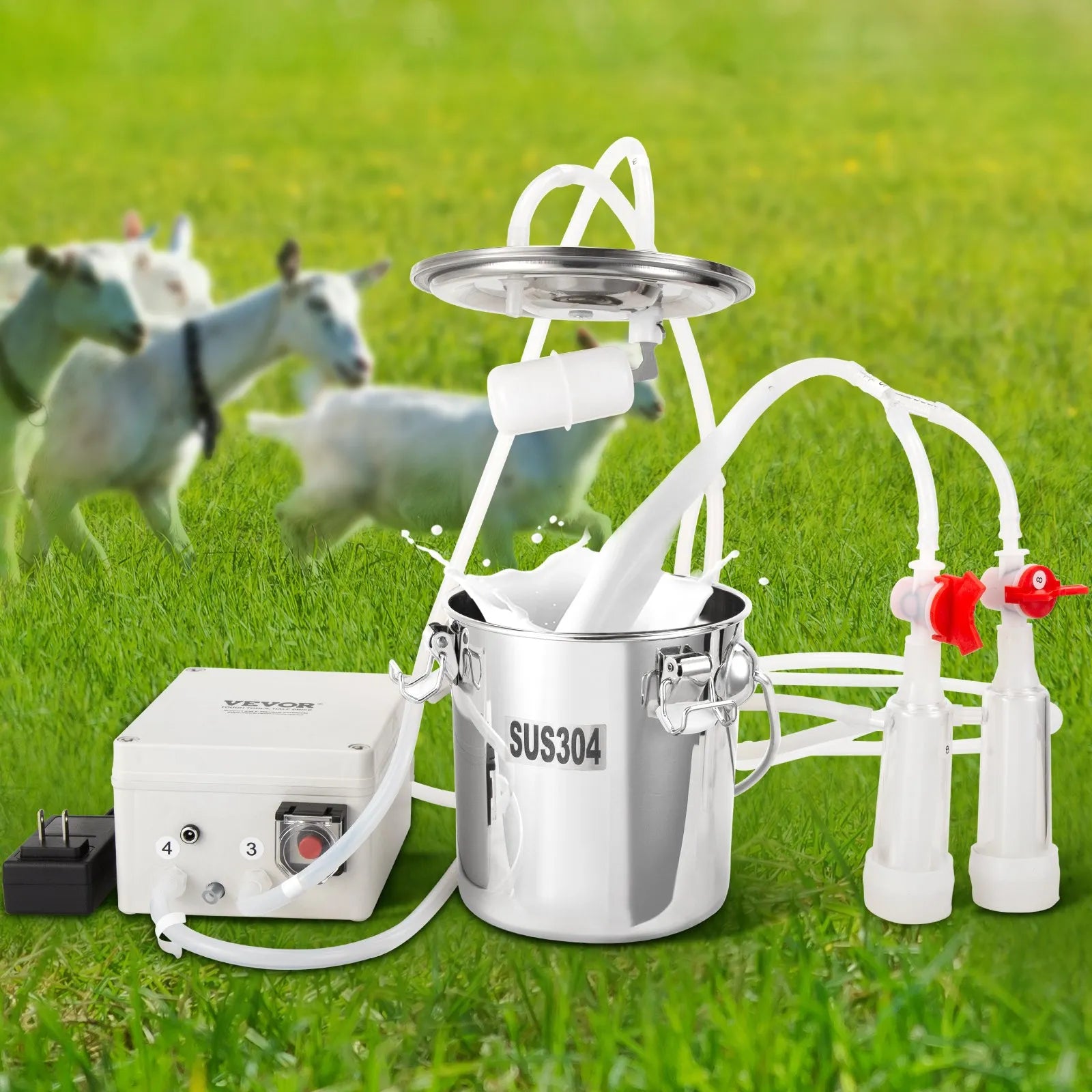 VEVOR Goat Milking Machine, 3 L 304 Stainless Steel Bucket, Electric Automatic Pulsation Vacuum Milker, Portable Milker with Food-grade Silicone Cups and Tubes, Adjustable Suction for Sheep