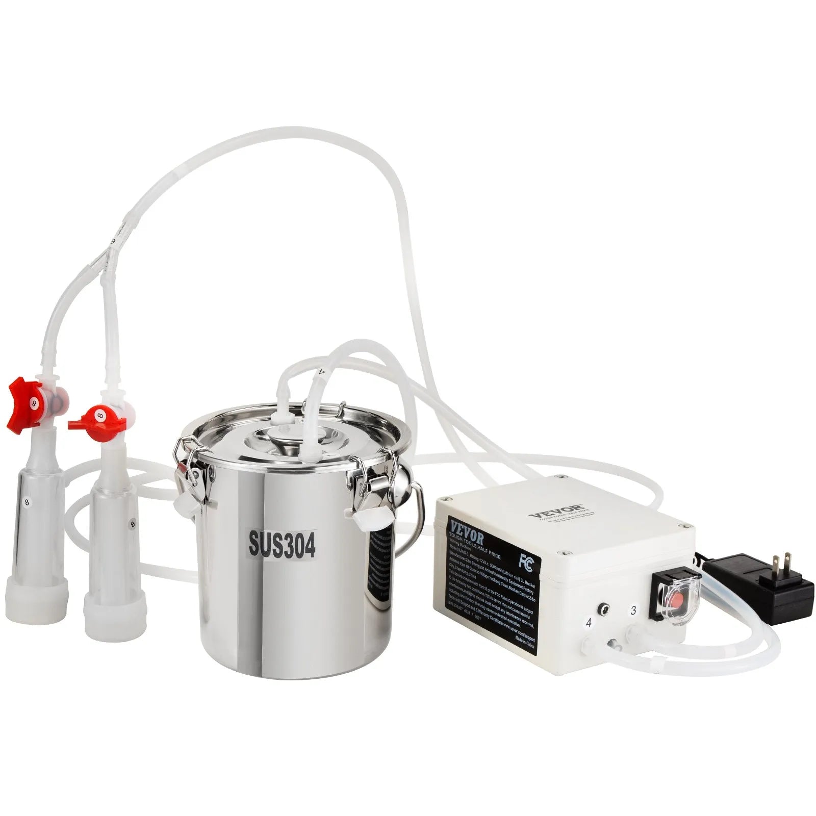 VEVOR Goat Milking Machine, 3 L 304 Stainless Steel Bucket, Electric Automatic Pulsation Vacuum Milker, Portable Milker with Food-grade Silicone Cups and Tubes, Adjustable Suction for Sheep