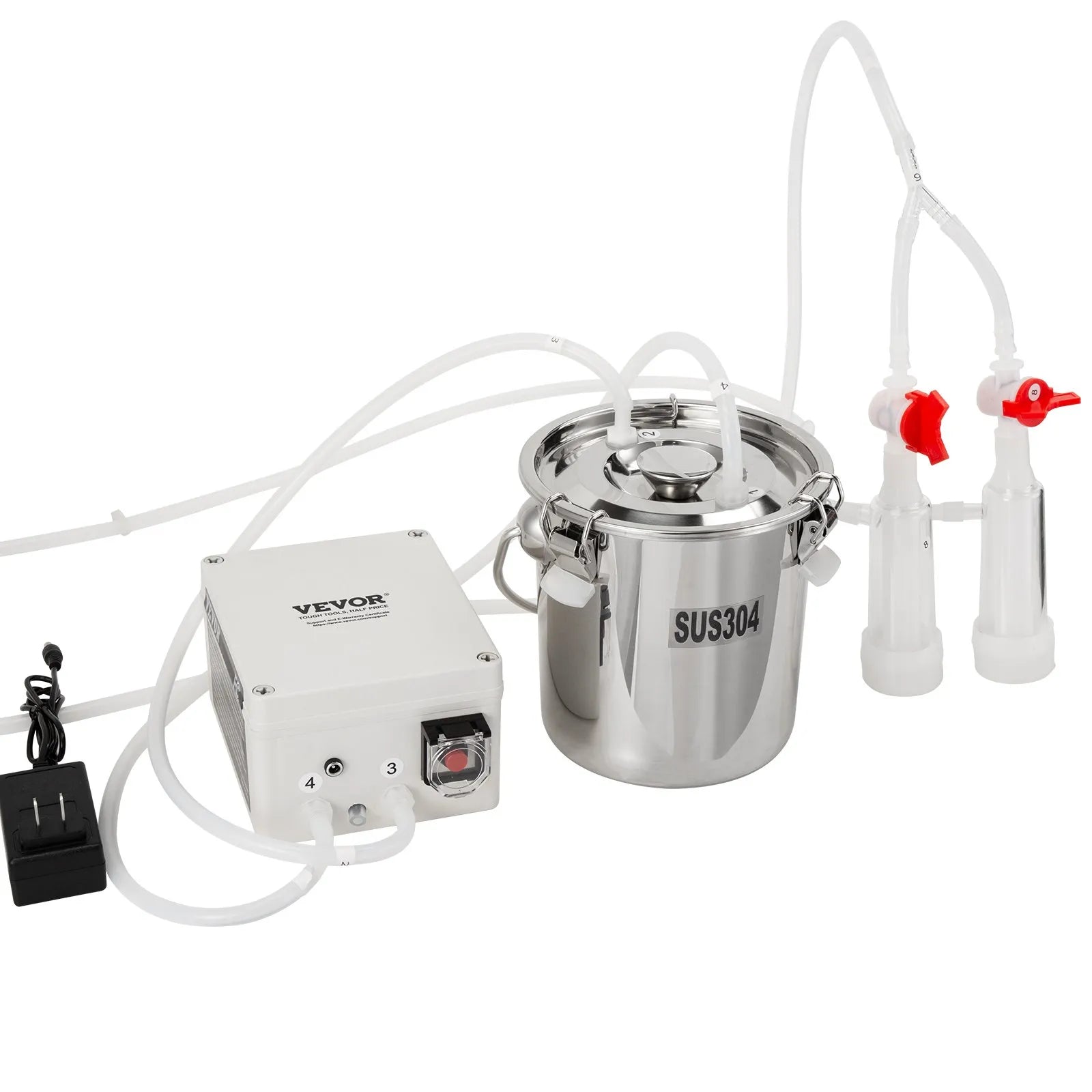 VEVOR Goat Milking Machine, 3 L 304 Stainless Steel Bucket, Electric Automatic Pulsation Vacuum Milker, Portable Milker with Food-grade Silicone Cups and Tubes, Adjustable Suction for Sheep