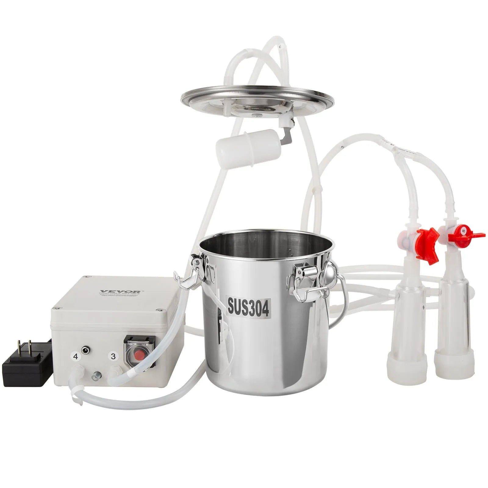 VEVOR Goat Milking Machine, 3 L 304 Stainless Steel Bucket, Electric Automatic Pulsation Vacuum Milker, Portable Milker with Food-grade Silicone Cups and Tubes, Adjustable Suction for Sheep