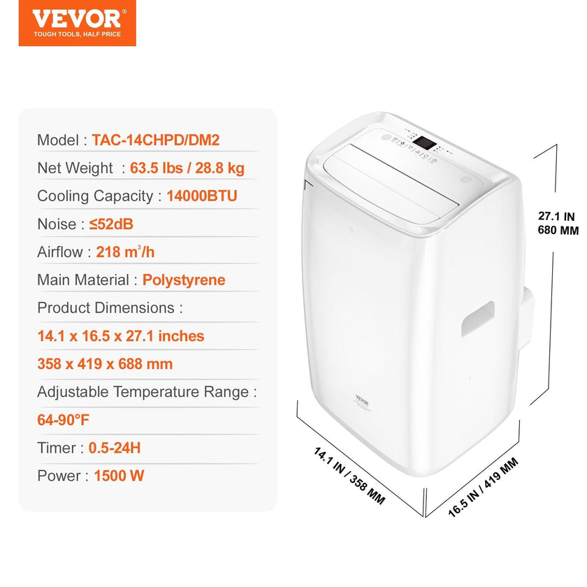 VEVOR Portable Air Conditioner 14k BTU 4 in 1 AC Warm/Cool Dehumidifier Fan