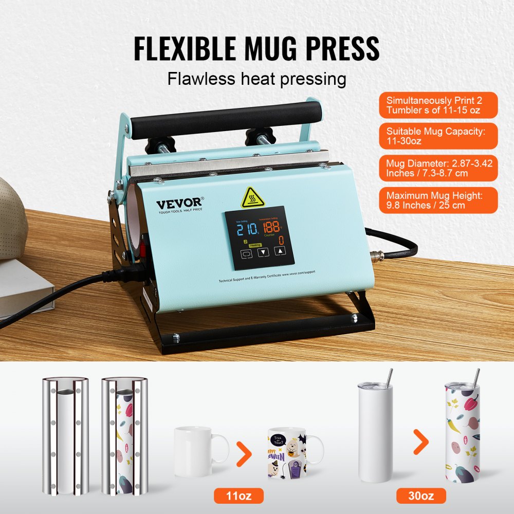VEVOR 2 in 1 Tumbler and Hat Heat Press Machine Heat Machine for Caps Hats Mugs