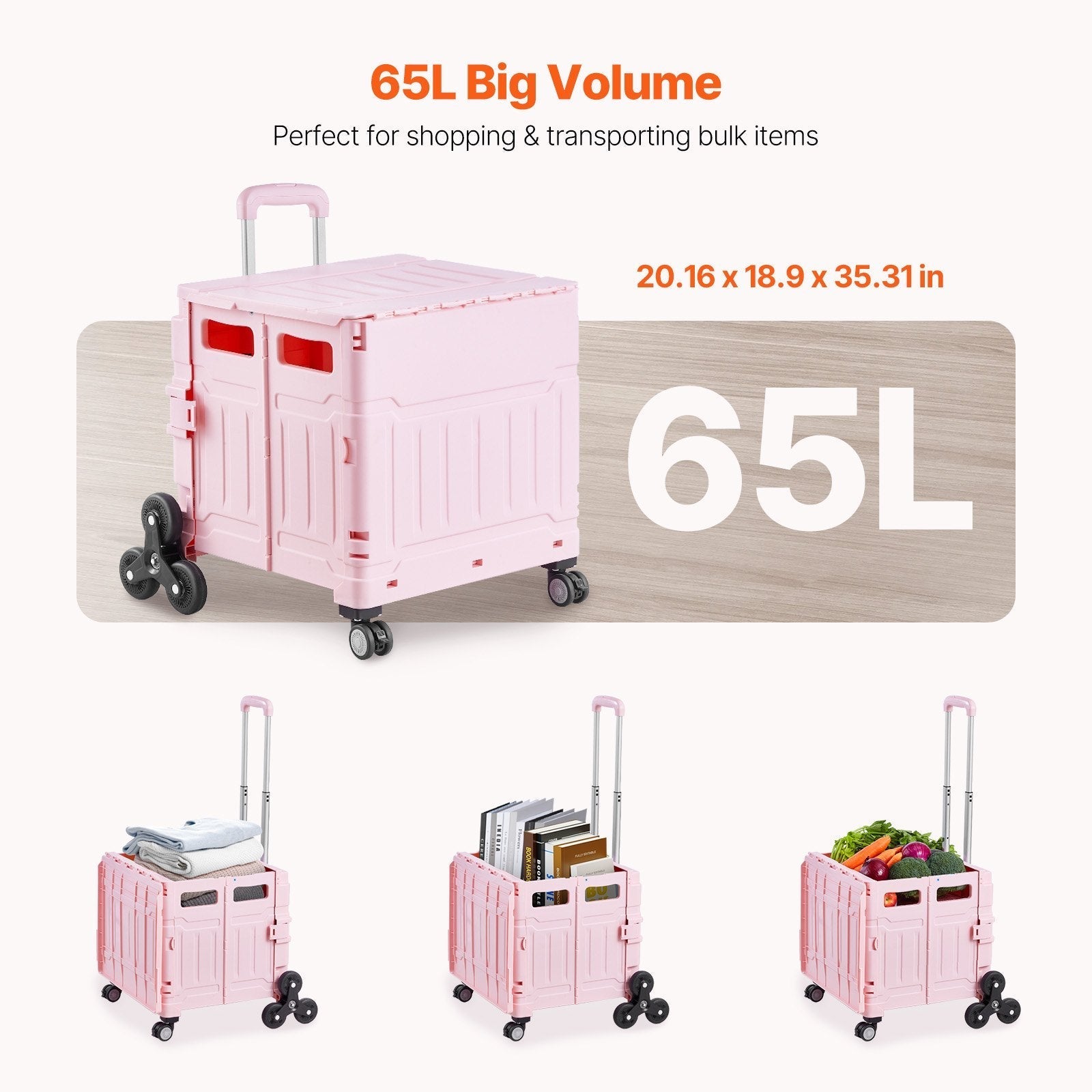 VEVOR Foldable Cart with Stair Climbing Wheels Collapsible Rolling Crate 65L