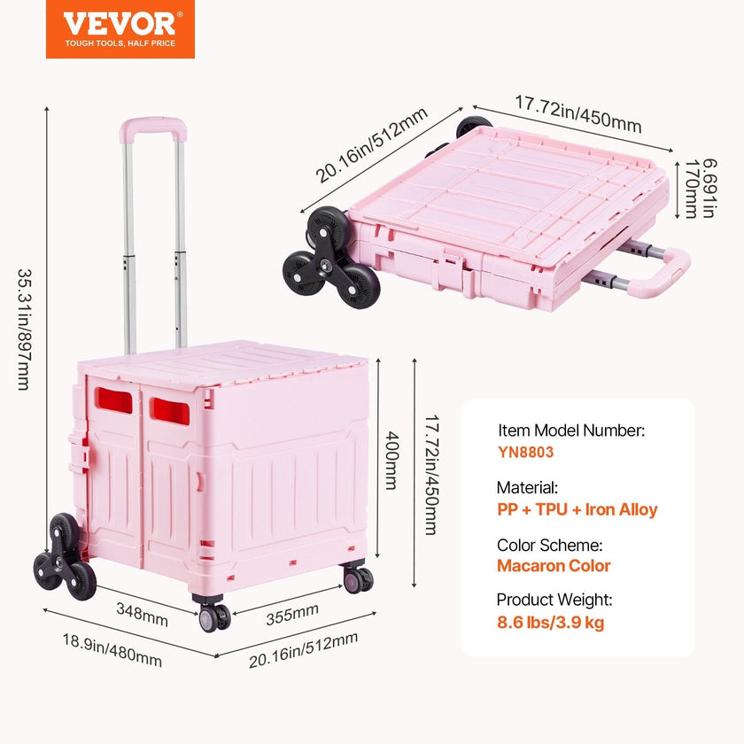 VEVOR Foldable Cart with Stair Climbing Wheels Collapsible Rolling Crate 65L