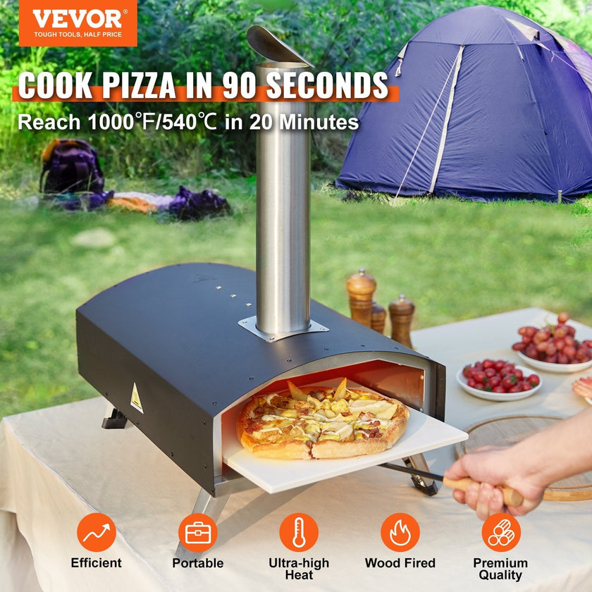 VEVOR Outdoor Pizza Oven, Wood Pellet and Charcoal Fired Pizza Maker 12-inch, Portable Outside Stainless Steel Pizza Grill with Pizza Stone, Waterproof Cover, Shovel, Wood Burner for Backyard Camping