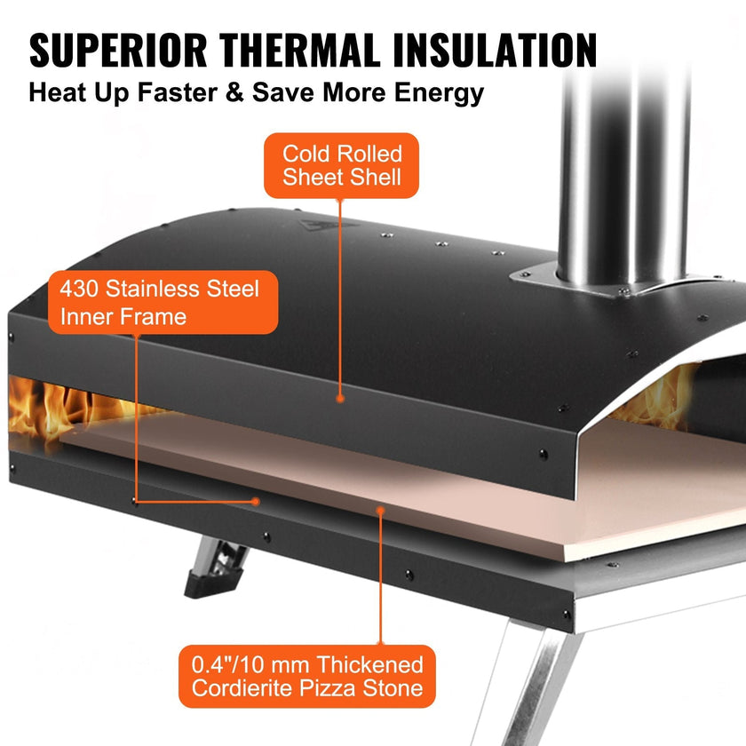 VEVOR Outdoor Pizza Oven, Wood Pellet and Charcoal Fired Pizza Maker 12-inch, Portable Outside Stainless Steel Pizza Grill with Pizza Stone, Waterproof Cover, Shovel, Wood Burner for Backyard Camping