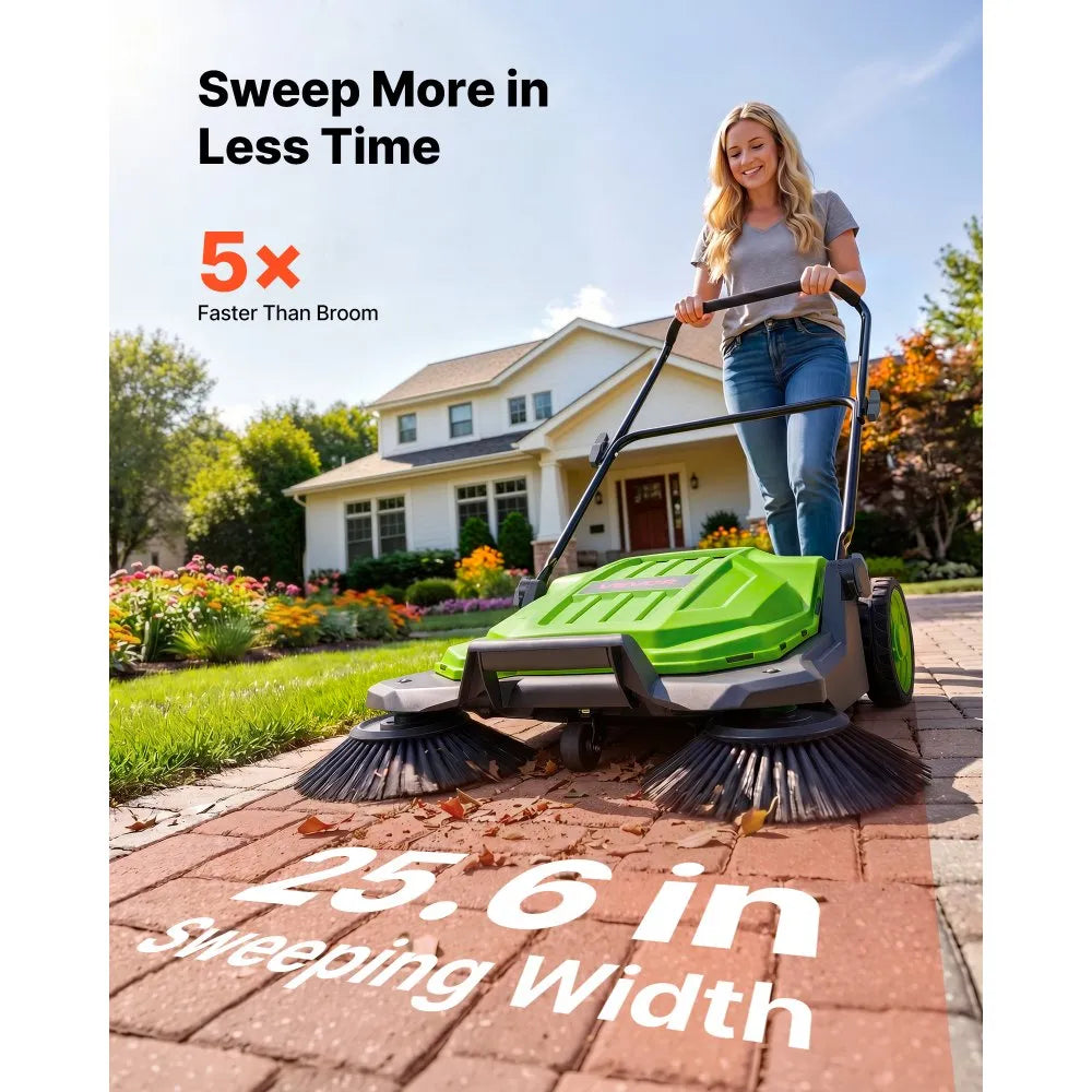 Walk-Behind Hand Push Floor Sweeper, Non-Electric Manual Floor Sweeper with 25.6