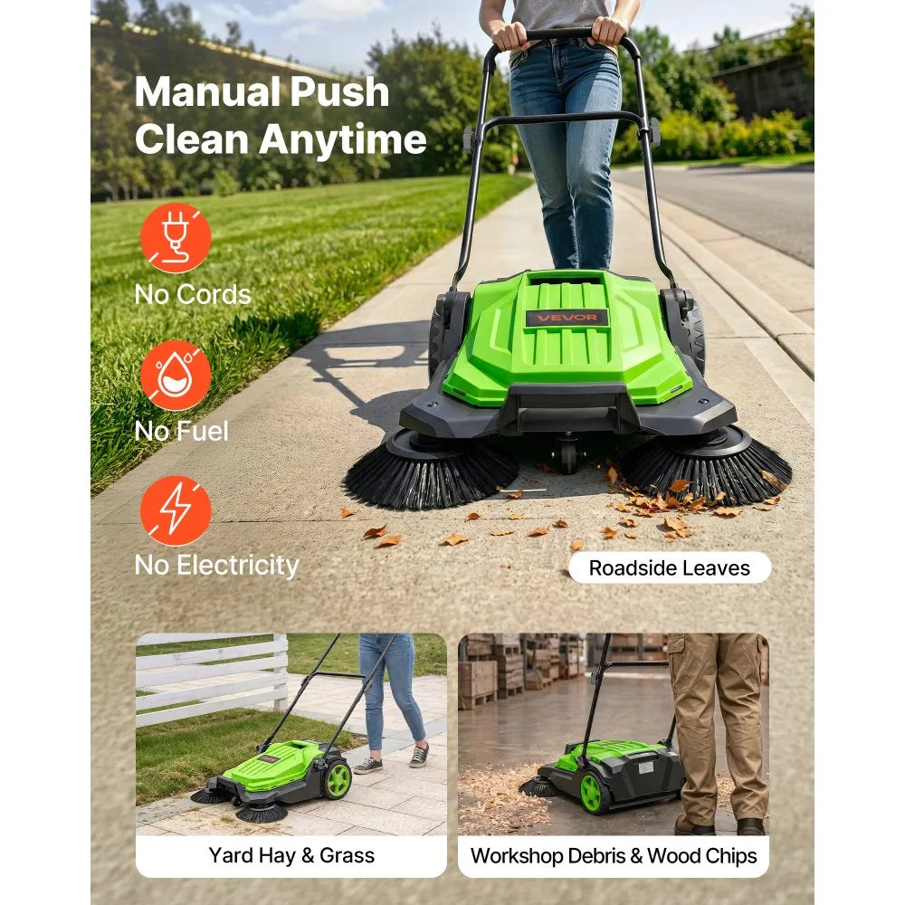 Walk-Behind Hand Push Floor Sweeper, Non-Electric Manual Floor Sweeper with 25.6