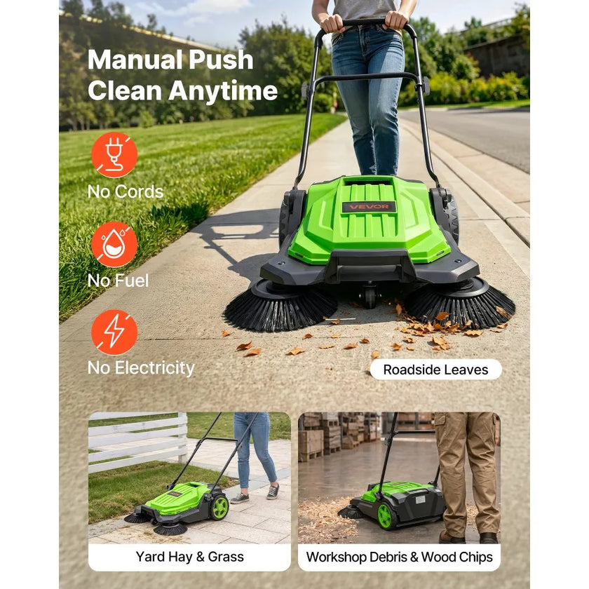 Walk-Behind Hand Push Floor Sweeper, Non-Electric Manual Floor Sweeper with 25.6
