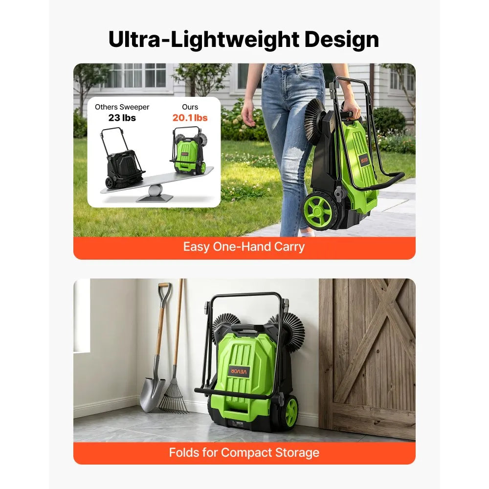 Walk-Behind Hand Push Floor Sweeper, Non-Electric Manual Floor Sweeper with 25.6