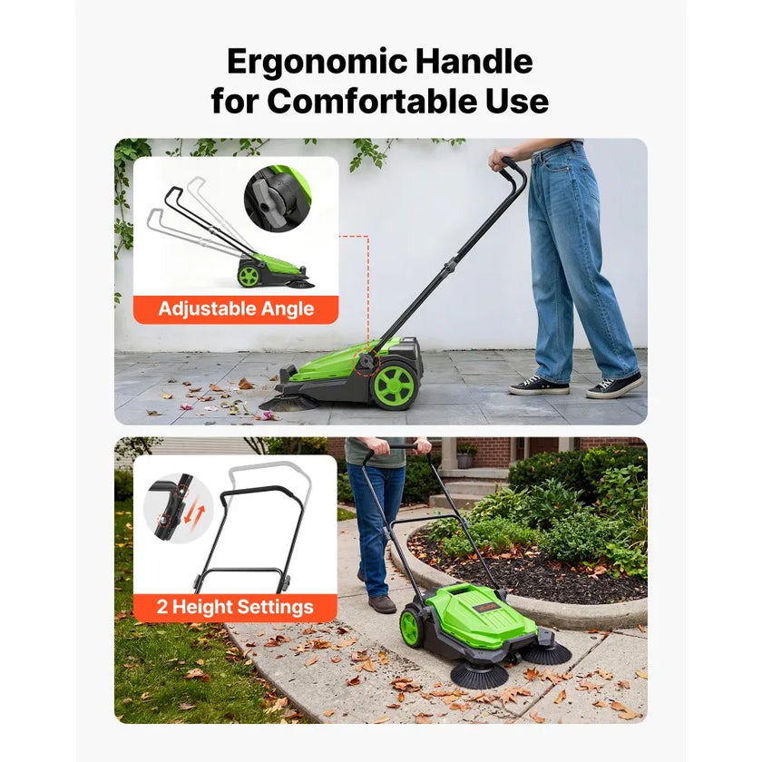 Walk-Behind Hand Push Floor Sweeper, Non-Electric Manual Floor Sweeper with 25.6