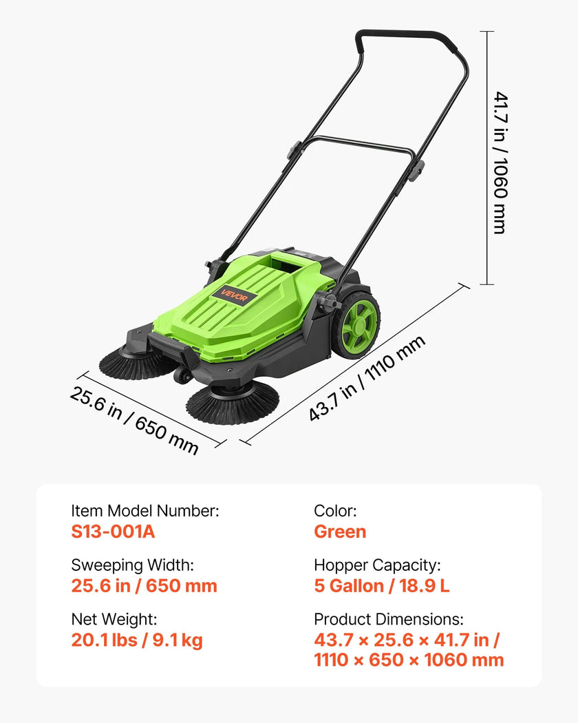 Walk-Behind Hand Push Floor Sweeper, Non-Electric Manual Floor Sweeper with 25.6
