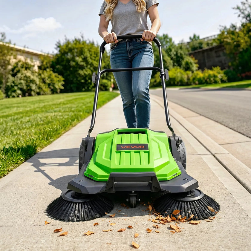 Walk-Behind Hand Push Floor Sweeper, Non-Electric Manual Floor Sweeper with 25.6