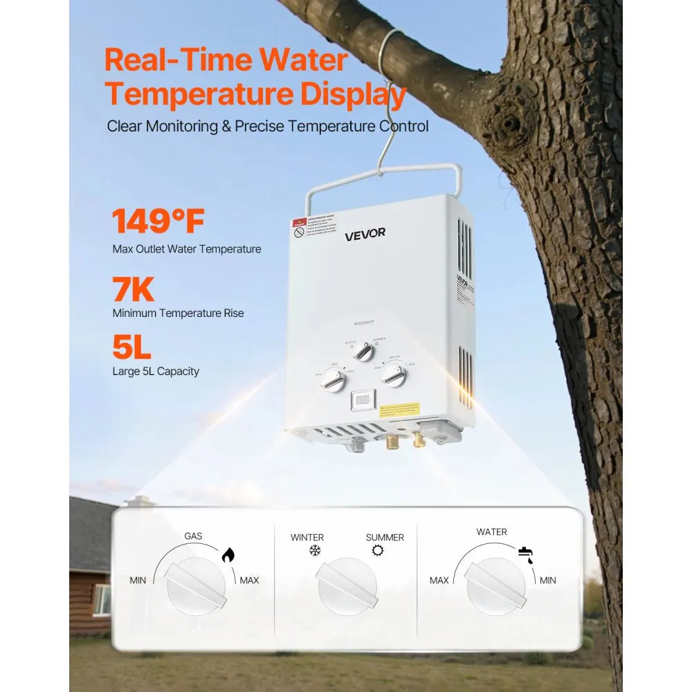 VEVOR Portable Propane Water Heater 5L Tankless with Accessory Regulator