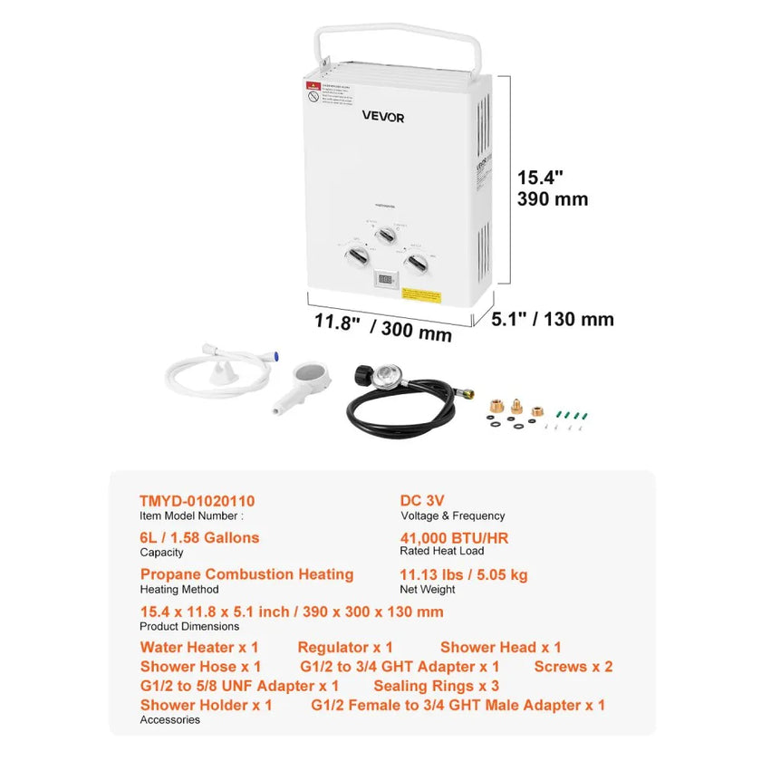 VEVOR Portable Propane Water Heater 6L Tankless with Accessory Regulator