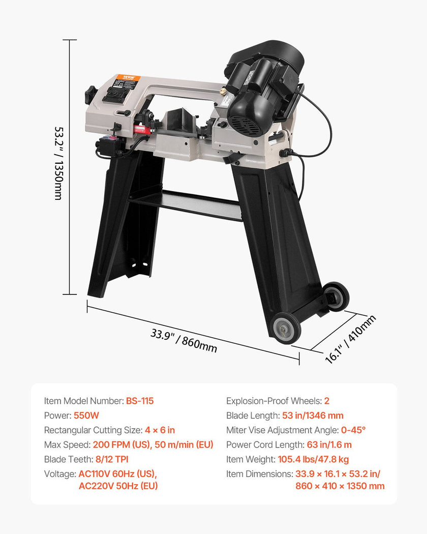 VEVOR Metal Horizontal Band Saw 4 in x 6 in 550W Variable Speed Bandsaw 110V