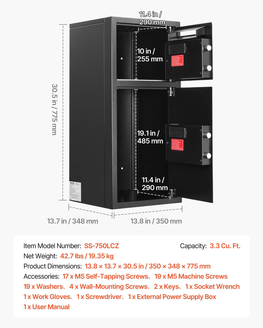 Double Door Home Safe, 3.3 Cu. Ft. Electronic Security Safe with Digital Keypad, Drop Slot & Backup Keys