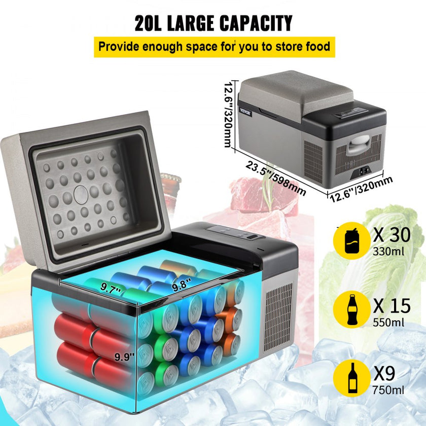 VEVOR Portable Refrigerator 21 Quart(20 Liter),12 Volt Refrigerator App Control(-4?~68?), Car Refrigerator Electric Compressor Cooler with 12/24v DC & 110-240v AC for Camping, Travel, Fishing, Outdoor