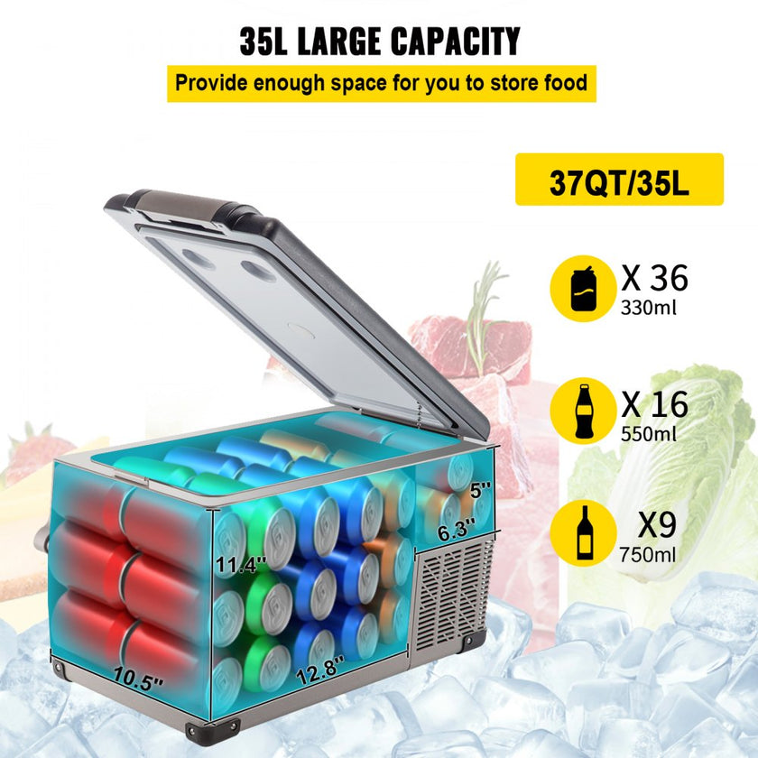 VEVOR Portable Refrigerator 37 Quart(35 Liter),12 Volt Refrigerator App Control(-4?~68?), Car Refrigerator Dual Zone with 12/24v DC & 110-240v AC for Camping, Travel, Fishing, Outdoor or Home Use