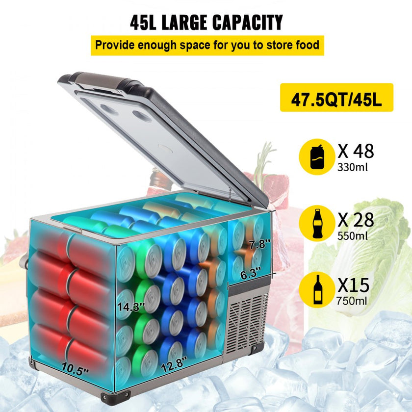 VEVOR 12 Volt Refrigerator 45L(48qt) Fast Cooling Portable Freezer with App Control(-4?~68?) Car Fridge with 12/24v DC & 110-240v AC for Travel, Camping and Home Use, 48 Quart, Black