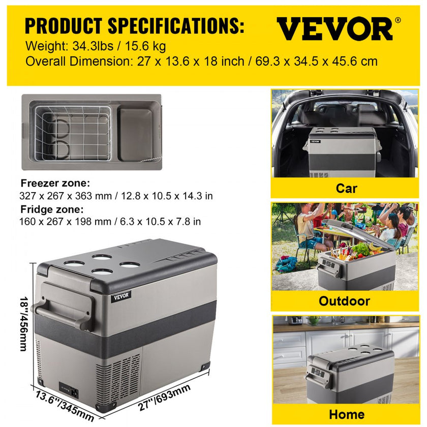 VEVOR 12 Volt Refrigerator 45L(48qt) Fast Cooling Portable Freezer with App Control(-4?~68?) Car Fridge with 12/24v DC & 110-240v AC for Travel, Camping and Home Use, 48 Quart, Black