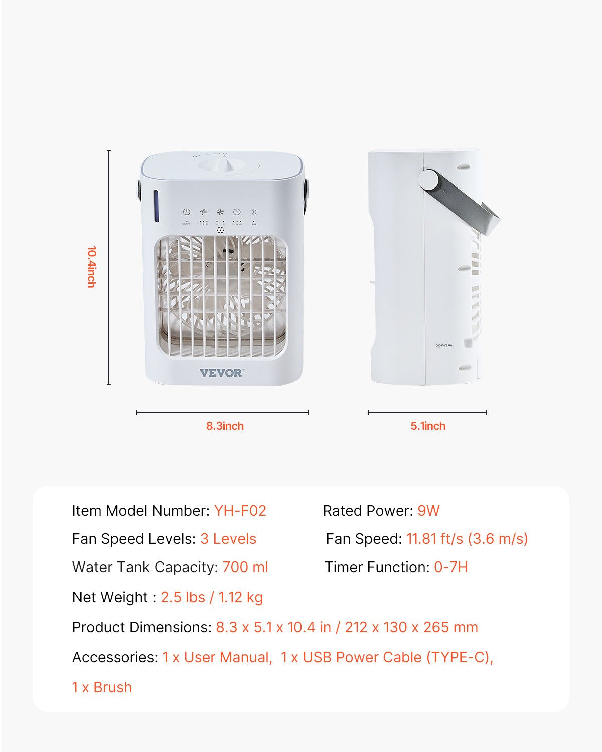 VEVOR Portable Air Conditioner 4-in-1 Evaporative Air Cooler 700ml Water Tank