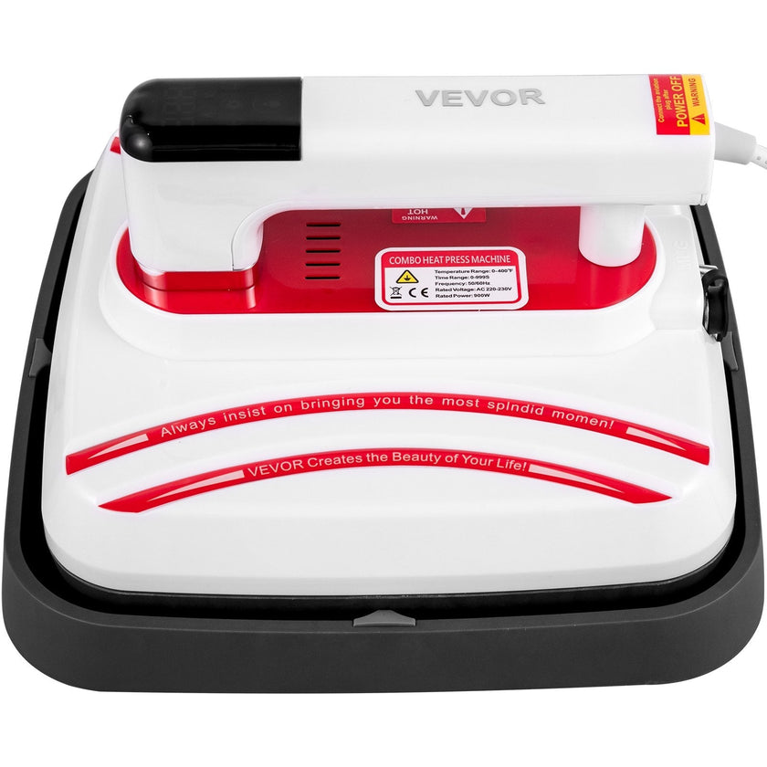 VEVOR Heat Press 10 x 10 Inch Easy Press 4 in 1 800W Red Portable Easy Mini Press Heat Double-Tube Heating Press Machine Mini Press DIY Mugs, Caps, T-Shirts and Plates with Sensitive Touch Screen