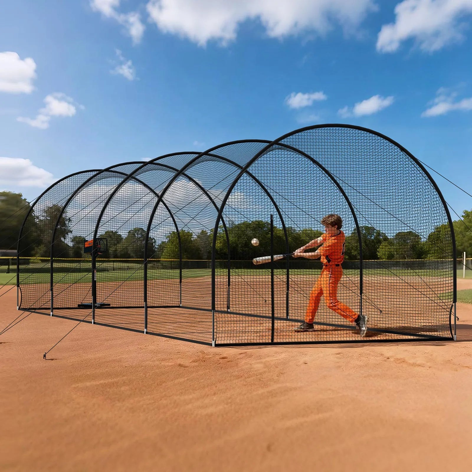 Baseball Batting Cage – 40 x 12 x 10 FT Freestanding Portable Hitting Cage with 4-Ply Knotless Polyester Net & Pitching Machine Opening