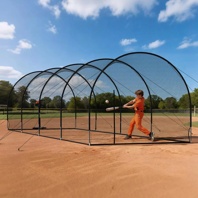 Baseball Batting Cage – 40 x 12 x 10 FT Freestanding Portable Hitting Cage with 4-Ply Knotless Polyester Net & Pitching Machine Opening
