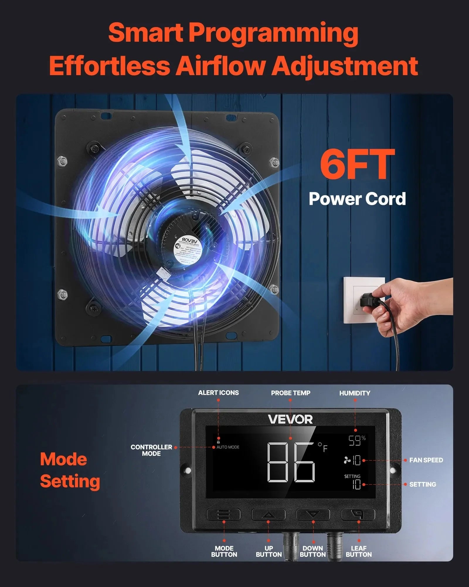 VEVOR 12 inch Shutter Exhaust Fan, Wall Mounted Attic Vent Fan with Smart Programming Variable Speed Temperature Control, 1500 CFM,EC Motor,Timer, for Shed,Garage,Greenhouse Ventilation Cooling,Black