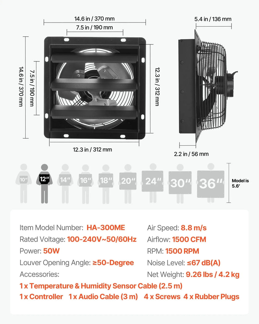 VEVOR 12 inch Shutter Exhaust Fan, Wall Mounted Attic Vent Fan with Smart Programming Variable Speed Temperature Control, 1500 CFM,EC Motor,Timer, for Shed,Garage,Greenhouse Ventilation Cooling,Black