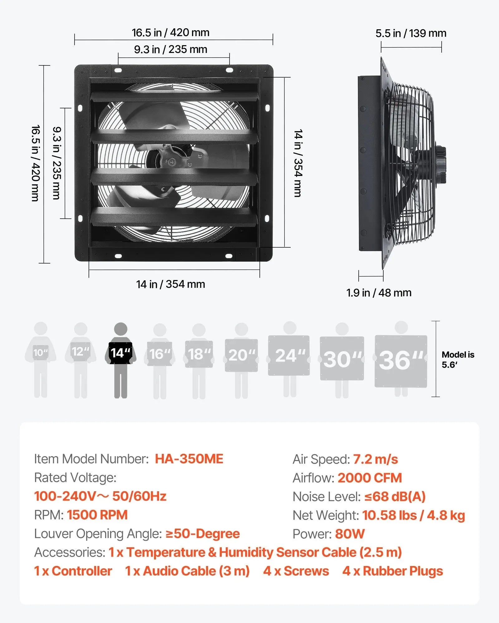 VEVOR 14 inch Shutter Exhaust Fan, Wall Mounted Attic Vent Fan with Smart Programming Variable Speed Temperature Control, 2000 CFM,EC Motor,Timer, for Shed,Garage,Greenhouse Ventilation Cooling,Black