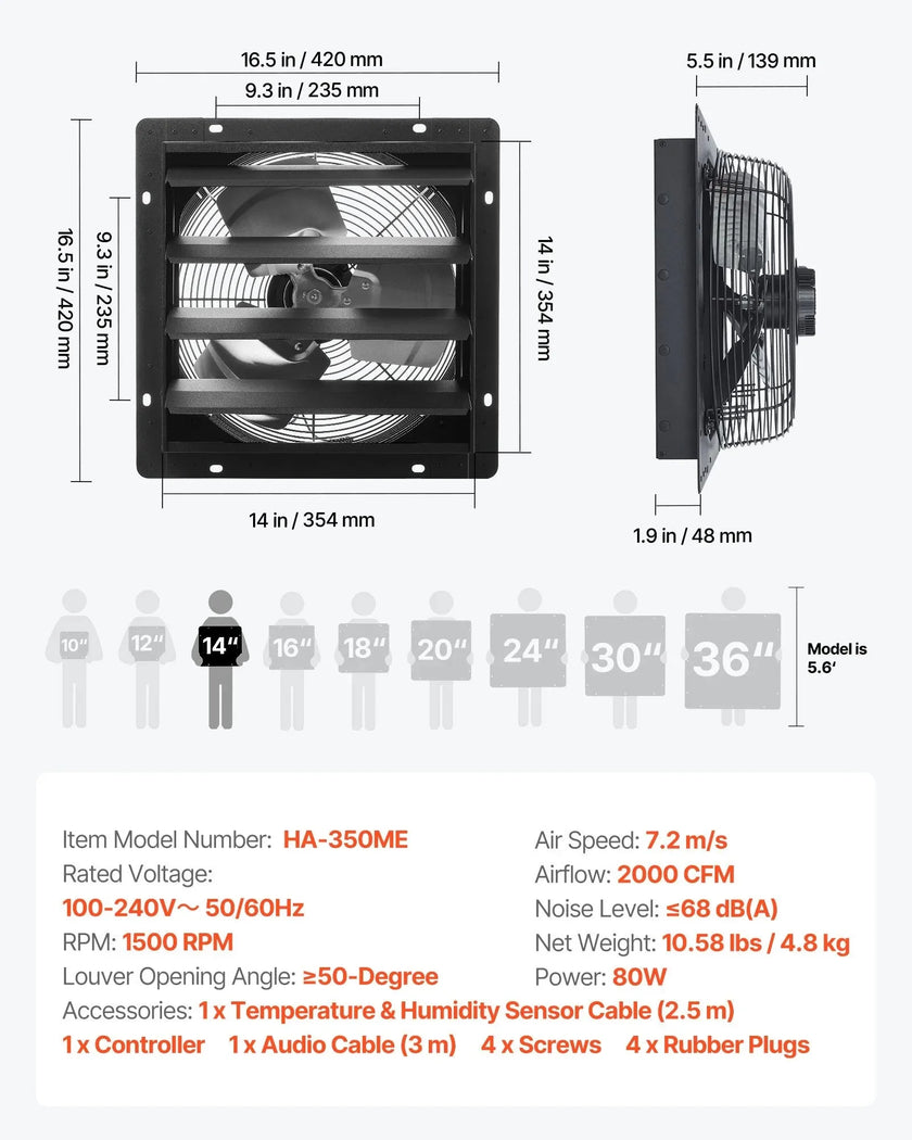 VEVOR 14 inch Shutter Exhaust Fan, Wall Mounted Attic Vent Fan with Smart Programming Variable Speed Temperature Control, 2000 CFM,EC Motor,Timer, for Shed,Garage,Greenhouse Ventilation Cooling,Black