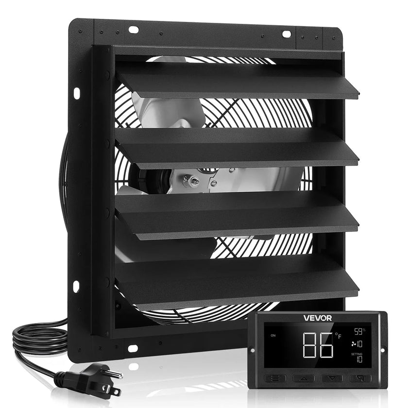 VEVOR 14 inch Shutter Exhaust Fan, Wall Mounted Attic Vent Fan with Smart Programming Variable Speed Temperature Control, 2000 CFM,EC Motor,Timer, for Shed,Garage,Greenhouse Ventilation Cooling,Black