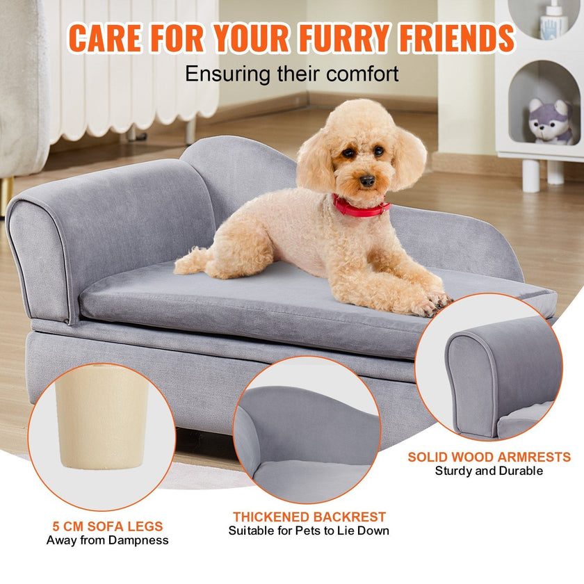 VEVOR Pet Sofa, Dog Couch for Medium-Sized Dogs and Cats, Soft Velvety Dog Sofa Bed, 81 lbs Loading Cat Sofa, Grey