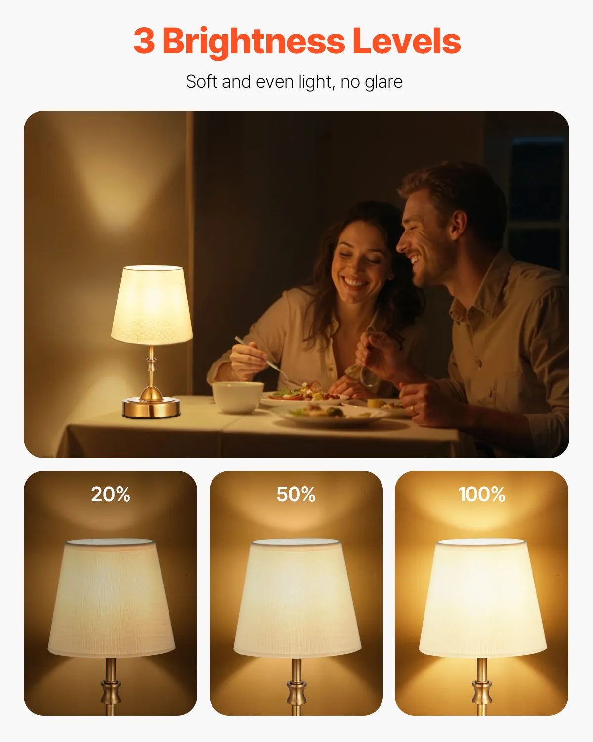 VEVOR Cordless Table Lamp Rechargeable Battery Small Lamp Fabric Shade Gold