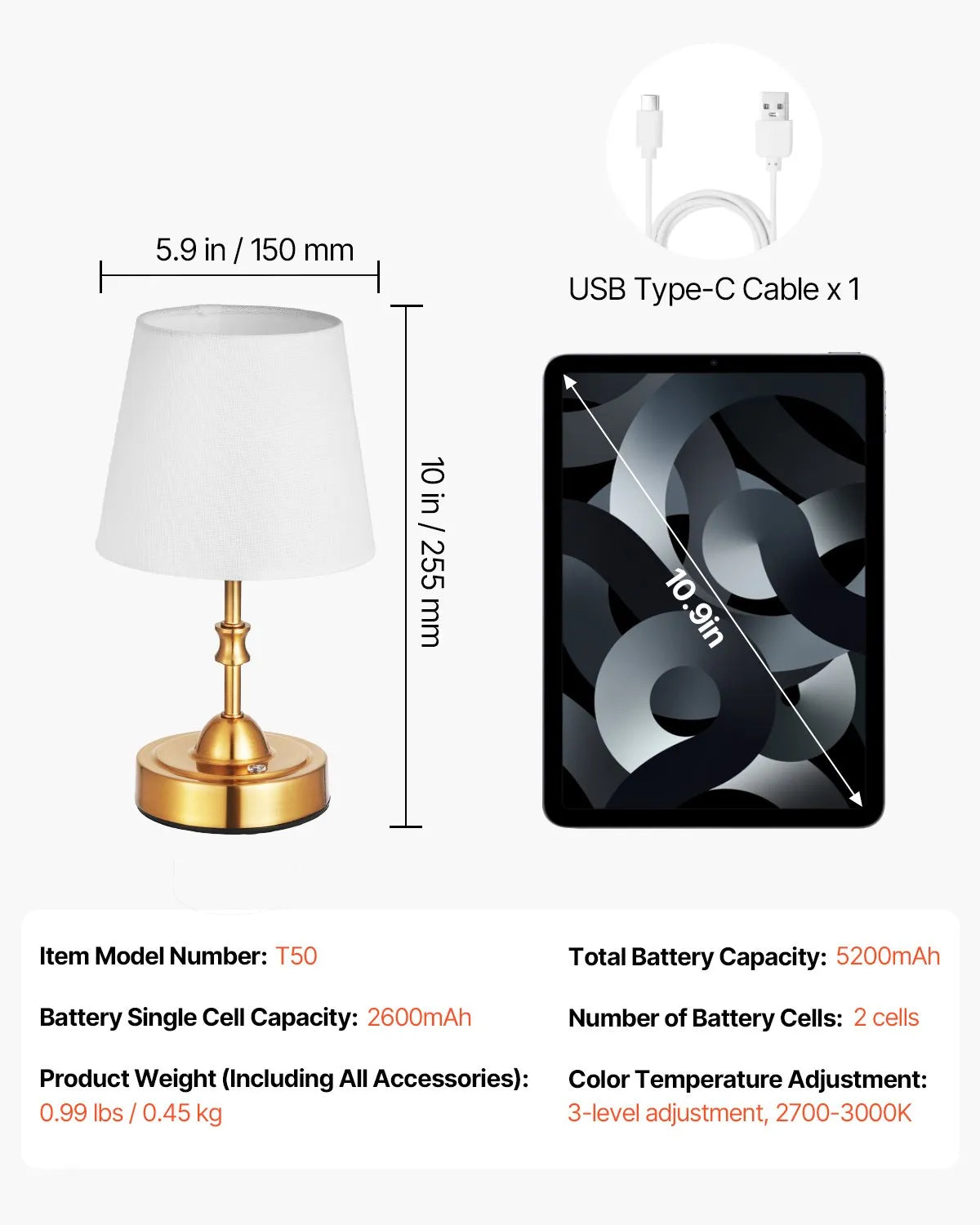 VEVOR Cordless Table Lamp Rechargeable Battery Small Lamp Fabric Shade Gold