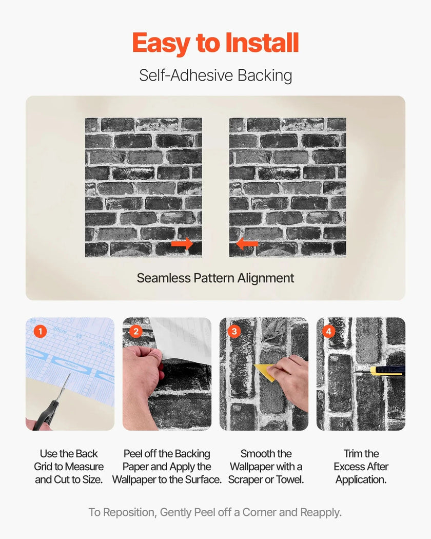 VEVOR Peel and Stick Wallpaper, 17.7 x 393.7 inch Contact Paper Gray Brick Waterpoof Self Adhesive, Easy to Clean & Peel Wall Decorative Vinyl Roll for Bedroom Kitchen Bathroom Office Desk