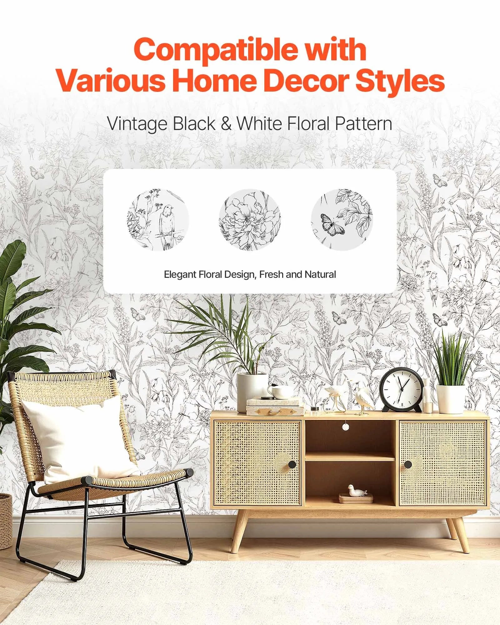VEVOR Peel and Stick Wallpaper, 17.7 x 393.7 inch Contact Paper White Line Art Botanical Floral Waterpoof Self Adhesive, Easy to Clean Wall Decorative Vinyl Roll for Bedroom Kitchen Bathroom Office