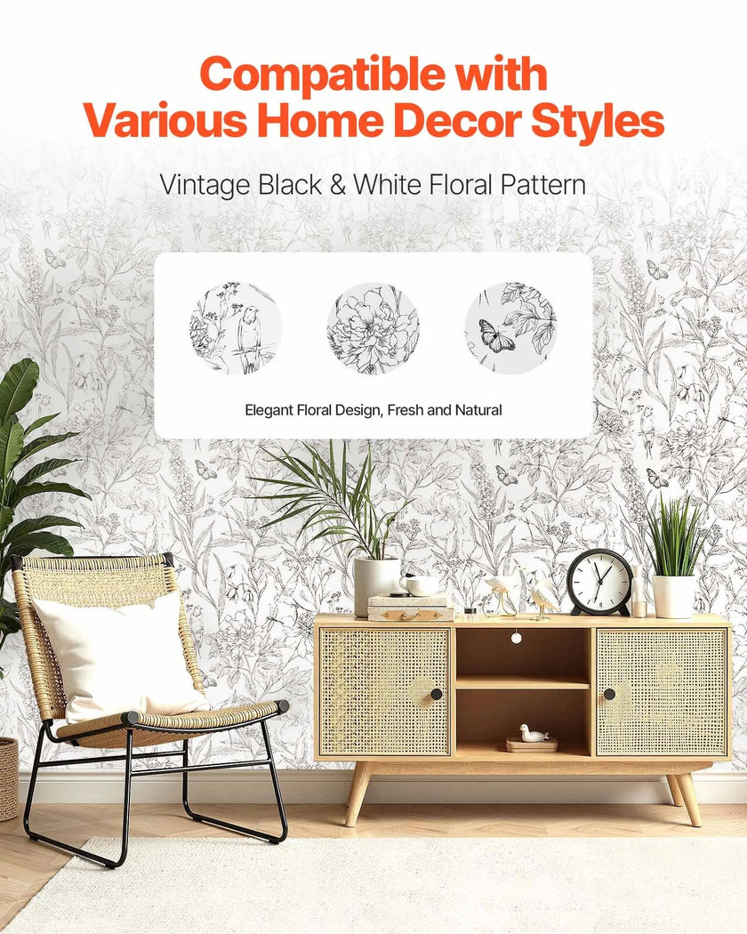 VEVOR Peel and Stick Wallpaper, 17.7 x 393.7 inch Contact Paper White Line Art Botanical Floral Waterpoof Self Adhesive, Easy to Clean Wall Decorative Vinyl Roll for Bedroom Kitchen Bathroom Office